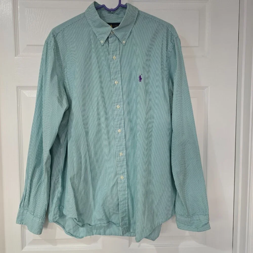 Ralph Lauren Men's Button Up Dress Shirt Green White Stripe Pony Logo Size XL‎